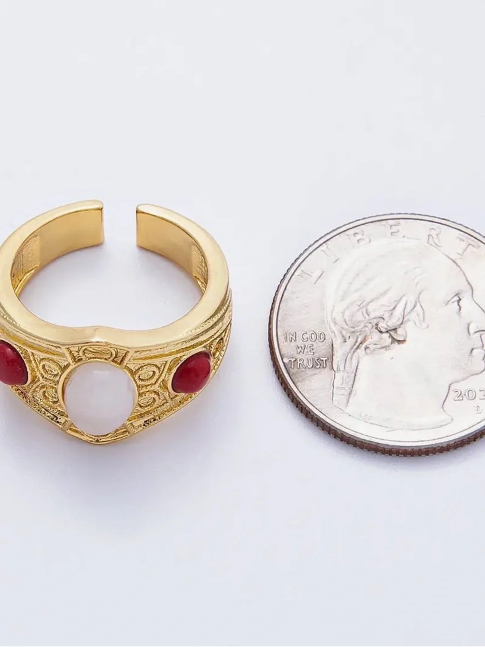 18K Gold Filled Carnelian White Quartz Cabochon Artisan Signet Ring